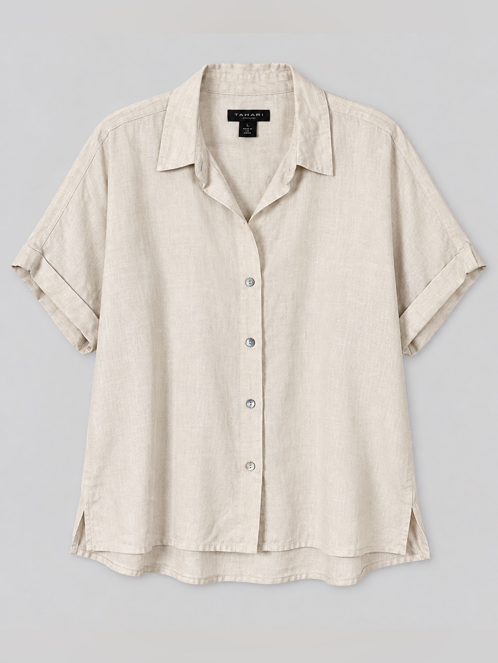 Tahari 100% Linen Button Up Top XL Beachy Coastal Euro Summer Fisherman Neutral